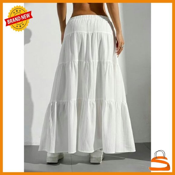 Boho Flowy Maxi Skirt with Ruffle Hem, Soft Fabric, A-Line Fit - Picture 3 of 8